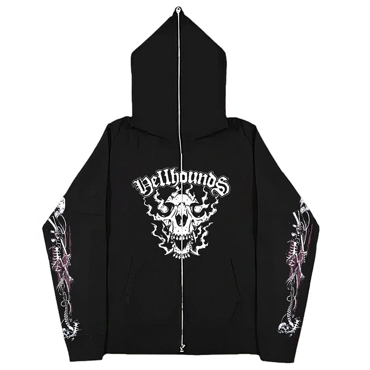 Hip Hop Skull Print Full Zip Up Hoodie Goth Loose Zipper Sweatshirt at Hiphopee