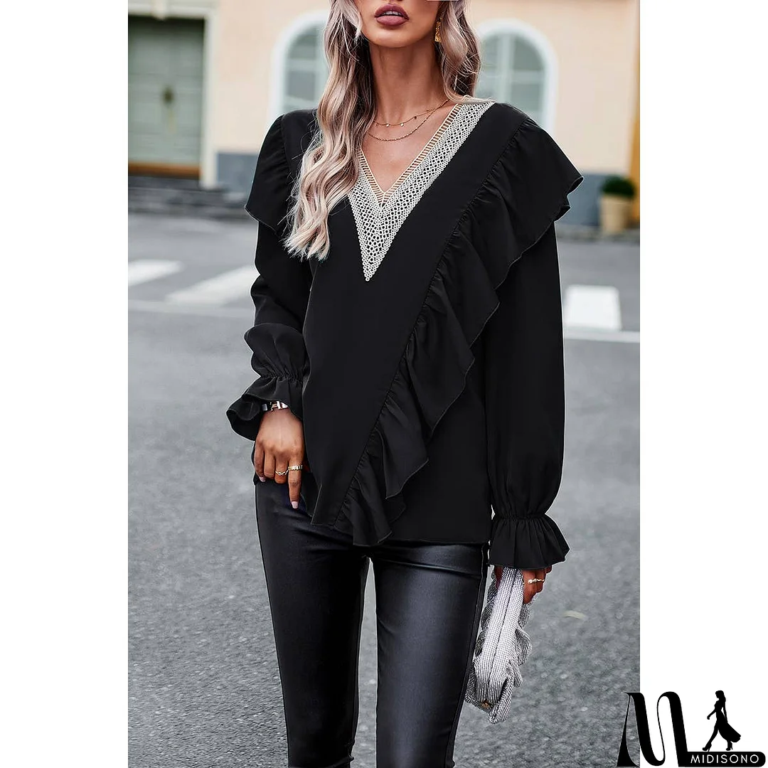 MidiSono - Contrast Lace Petal Sleeve Ruffle Trim Blouse