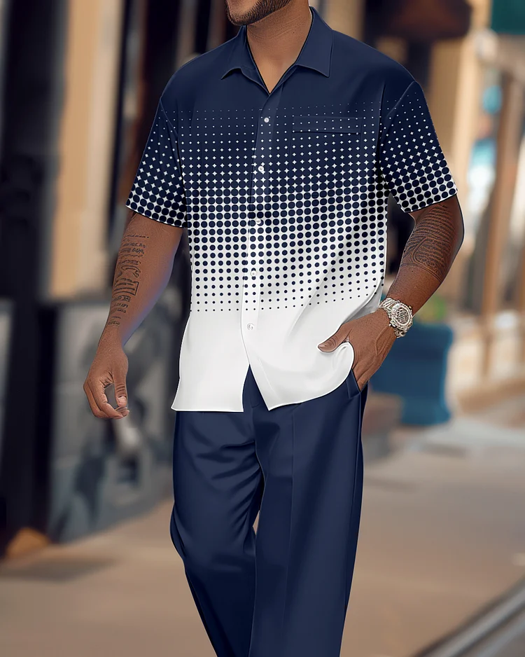 Men's Gradient Print Short Sleeve Shirt Walking Suit 1079