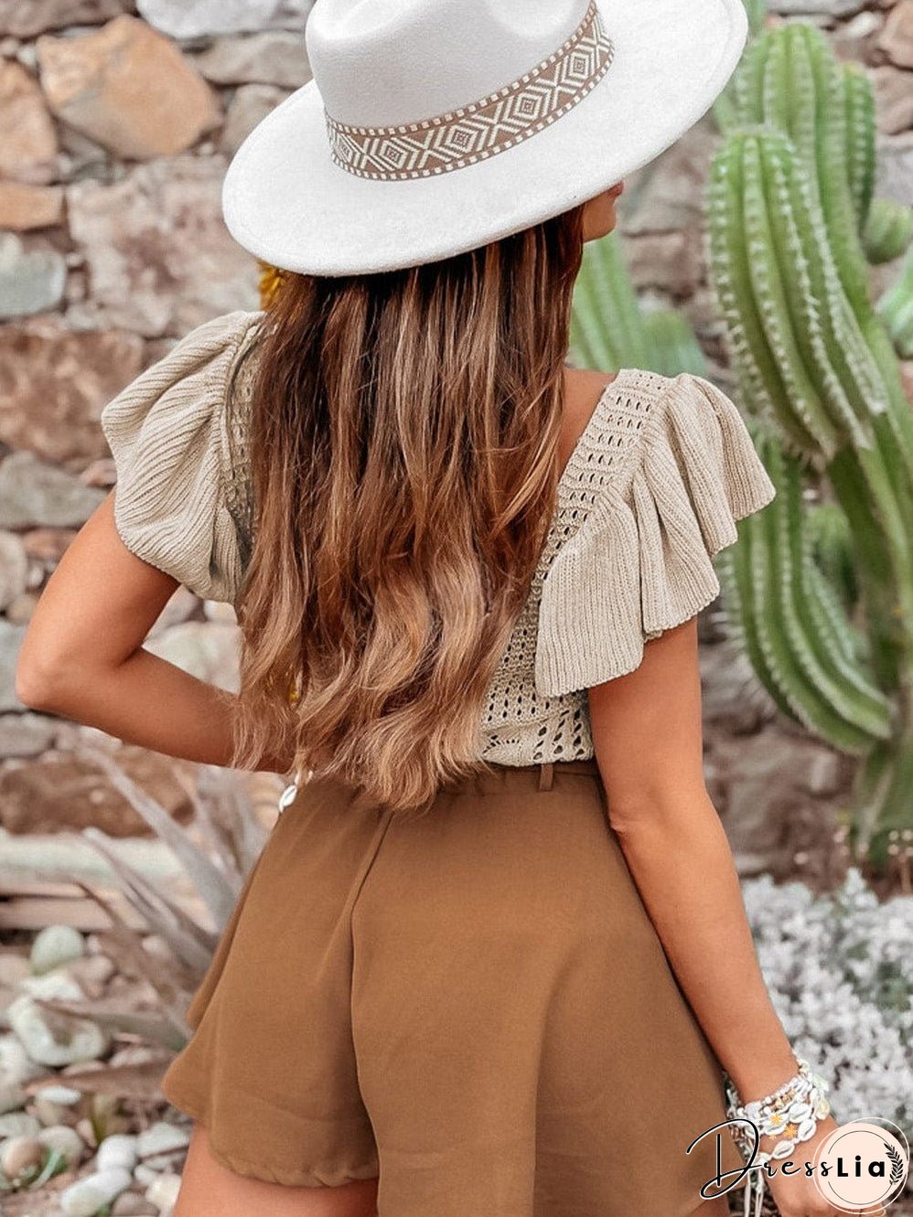 Beige Pointelle Knit Ruffle Sleeve Sweater for Chic Summer Styling