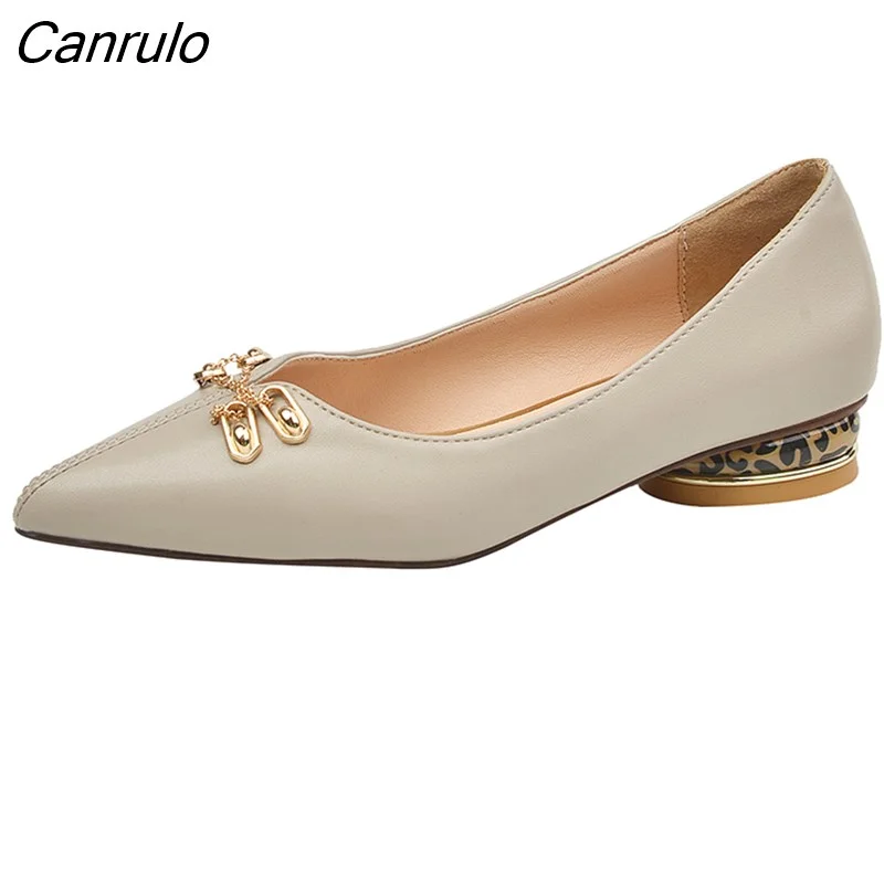 Canrulo Brand Pointed Toe Hardware Chain Solid Genuine Leather Women Ladies Pumps Soft Low Heel Personality Shoes34-39