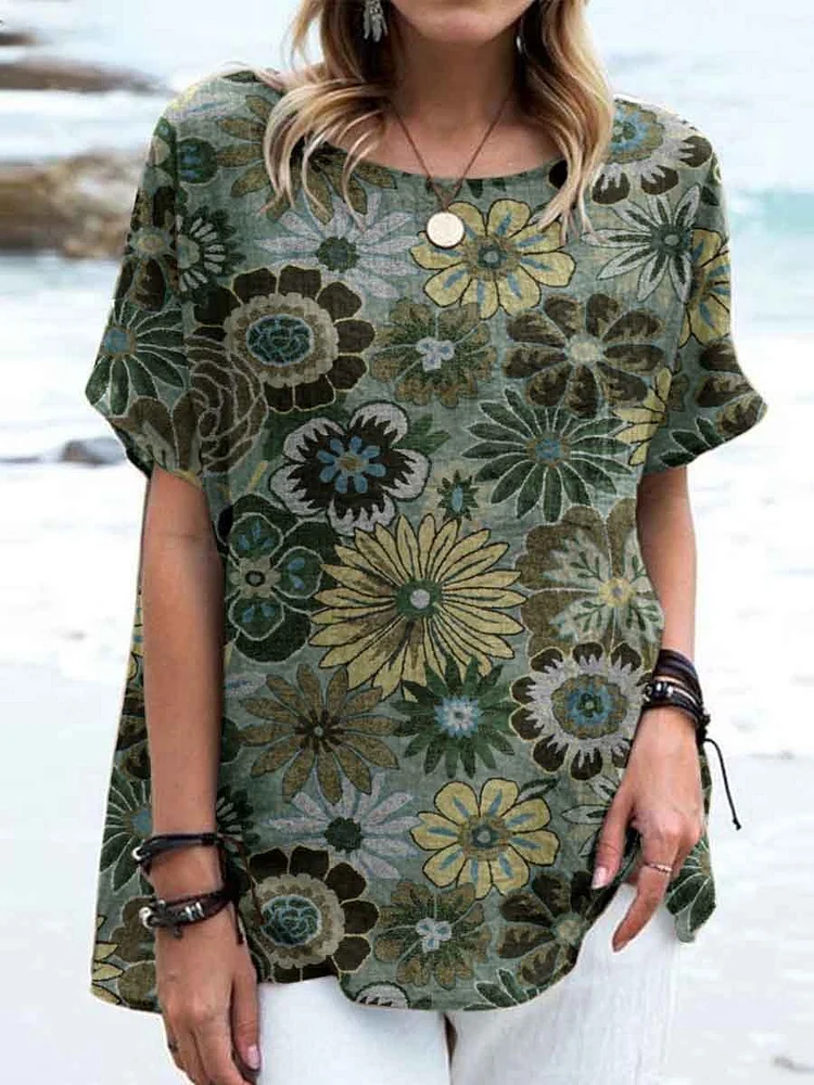Women's Floral Pattern Round Neck Cotton and Linen Top