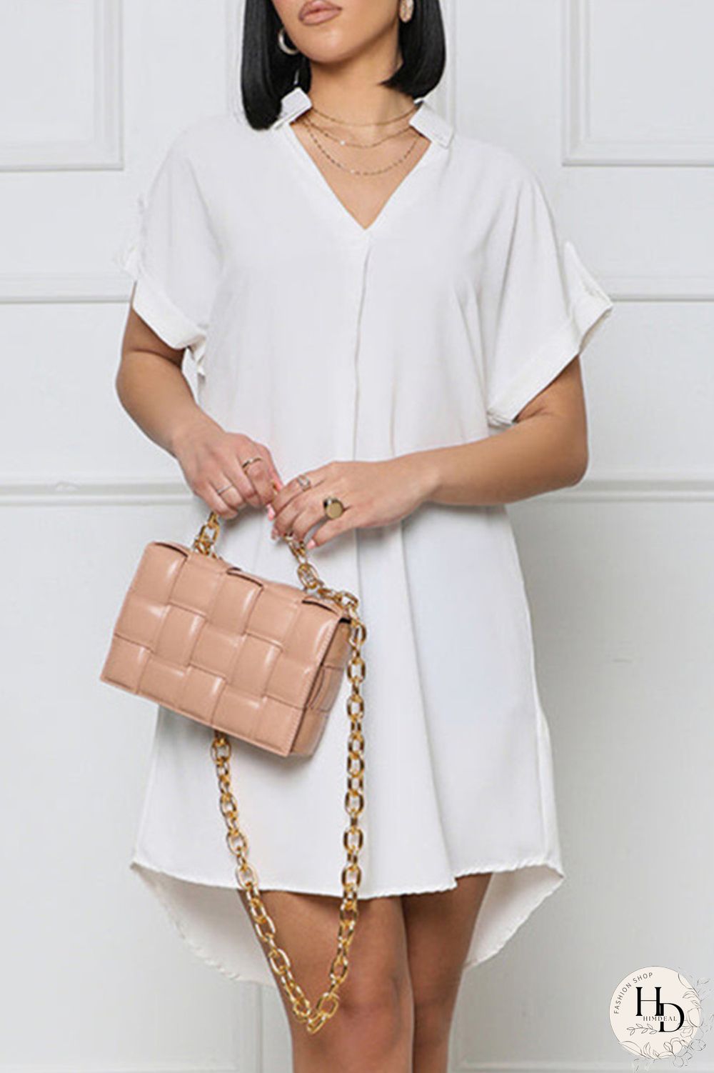 White Fashion Casual Solid Patchwork V Neck Short Sleeve Dress