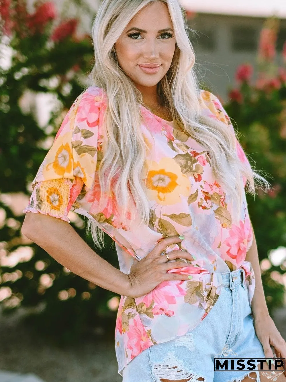 Pink Floral Loose Fit Blouse with Shirred Cuffs