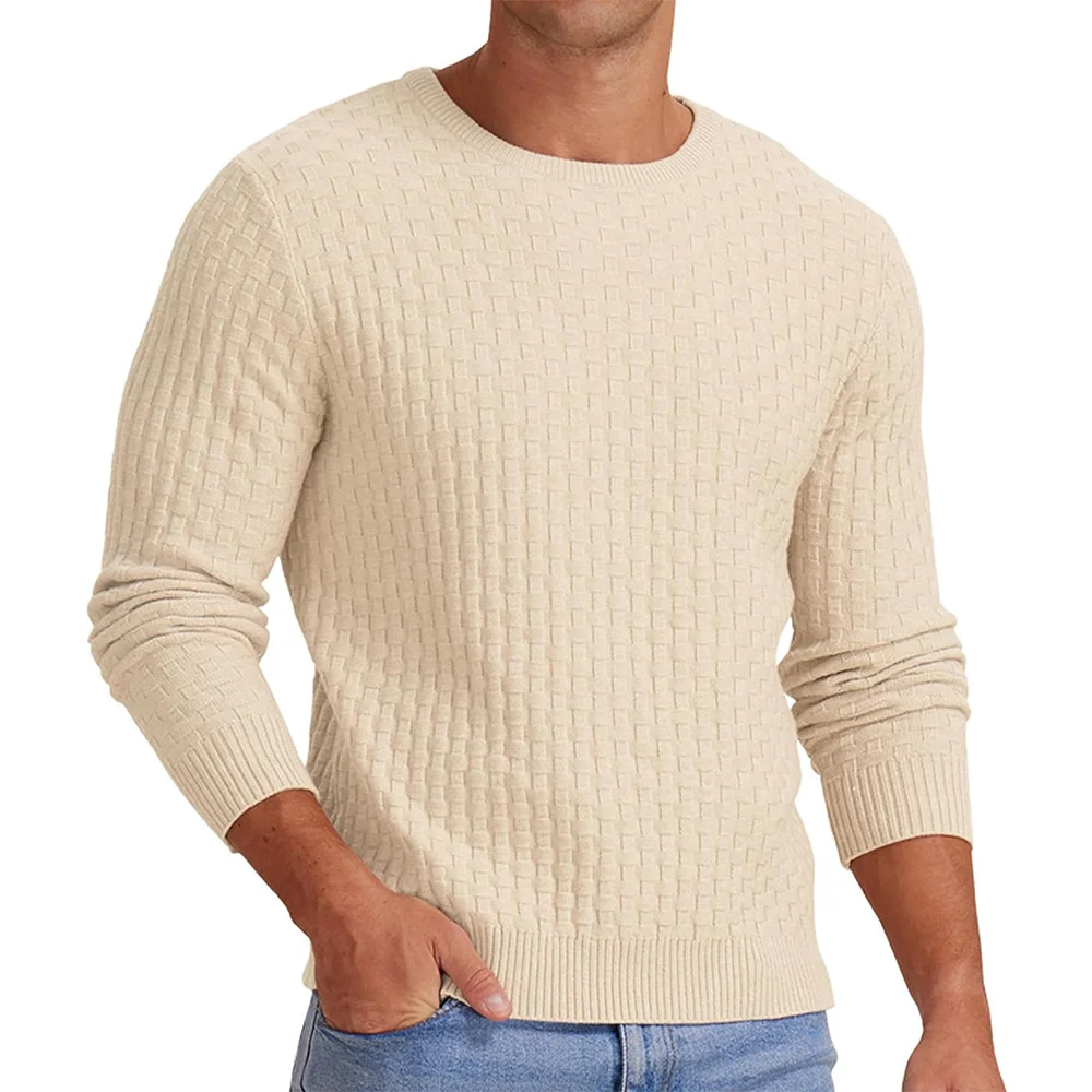 Wongn Wongn Men's New Waffge Solid Color Round Collar Long Sleeve Sleeve Sweater Fashion Casual Men's Sweater Top