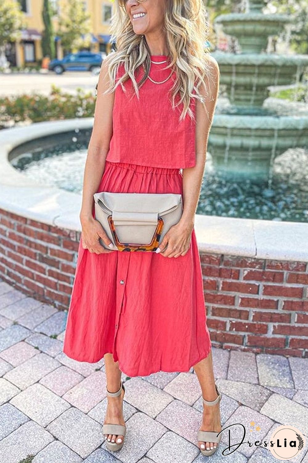 Button Decorate Vest Naxi Skirts Set