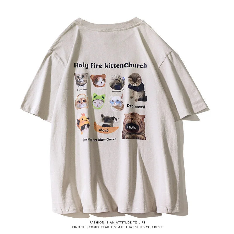 Men's Summer Ins Cat Print Pattern Round Neck T-Shirts 100%Cotton