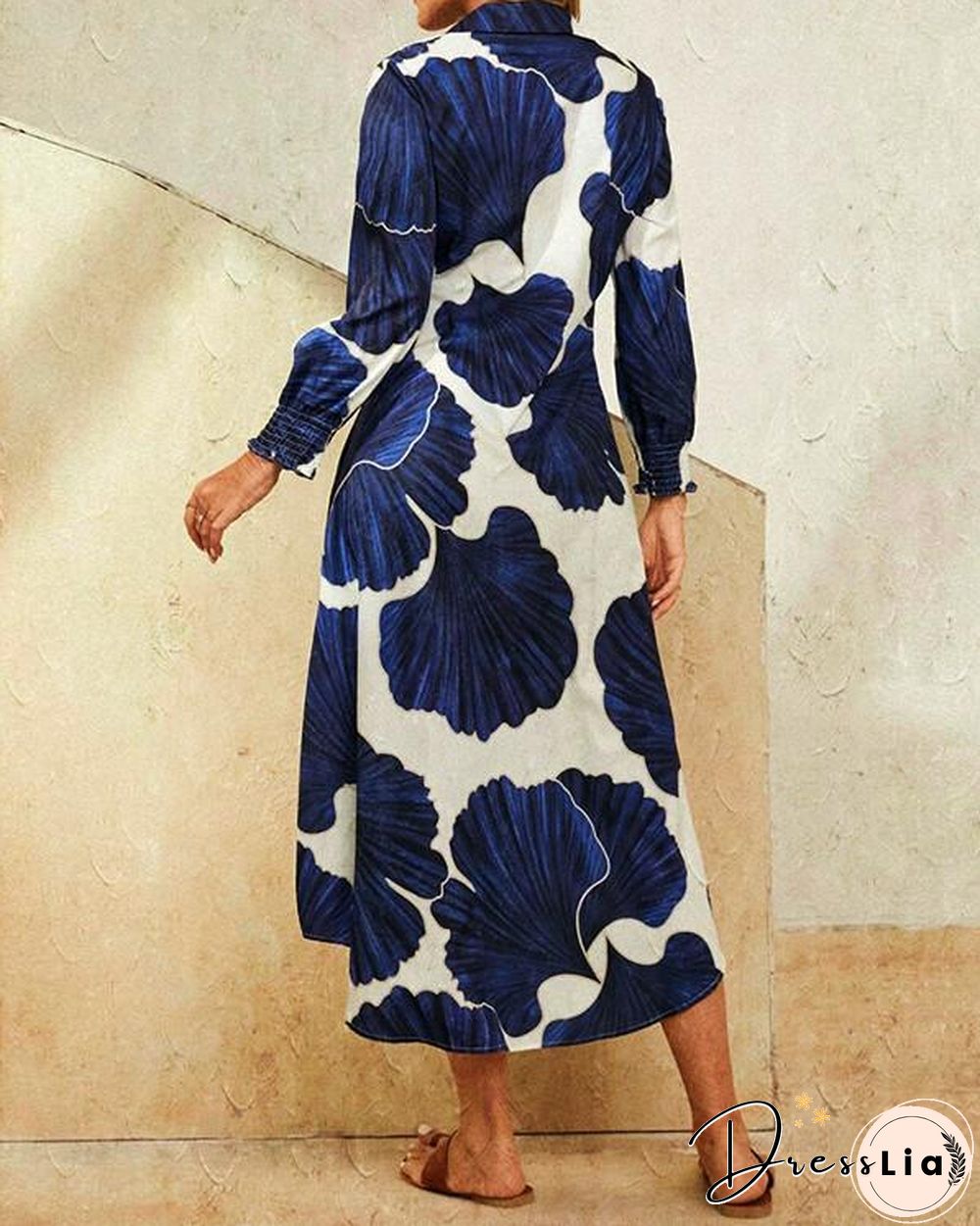 Leaves Print Lapel Button Long Sleeve Maxi Shirt Dress