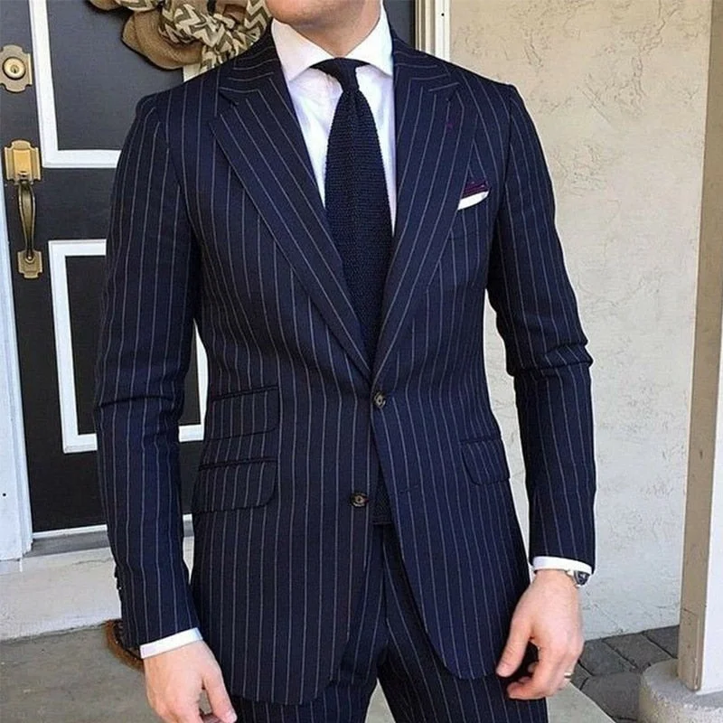 Inongge 2 Piece Pinstripe Men's Suit Slim Fit for Formal Wedding Tuxedo Notched Lapel Navy Blue Striped Business Groom Male Fashion