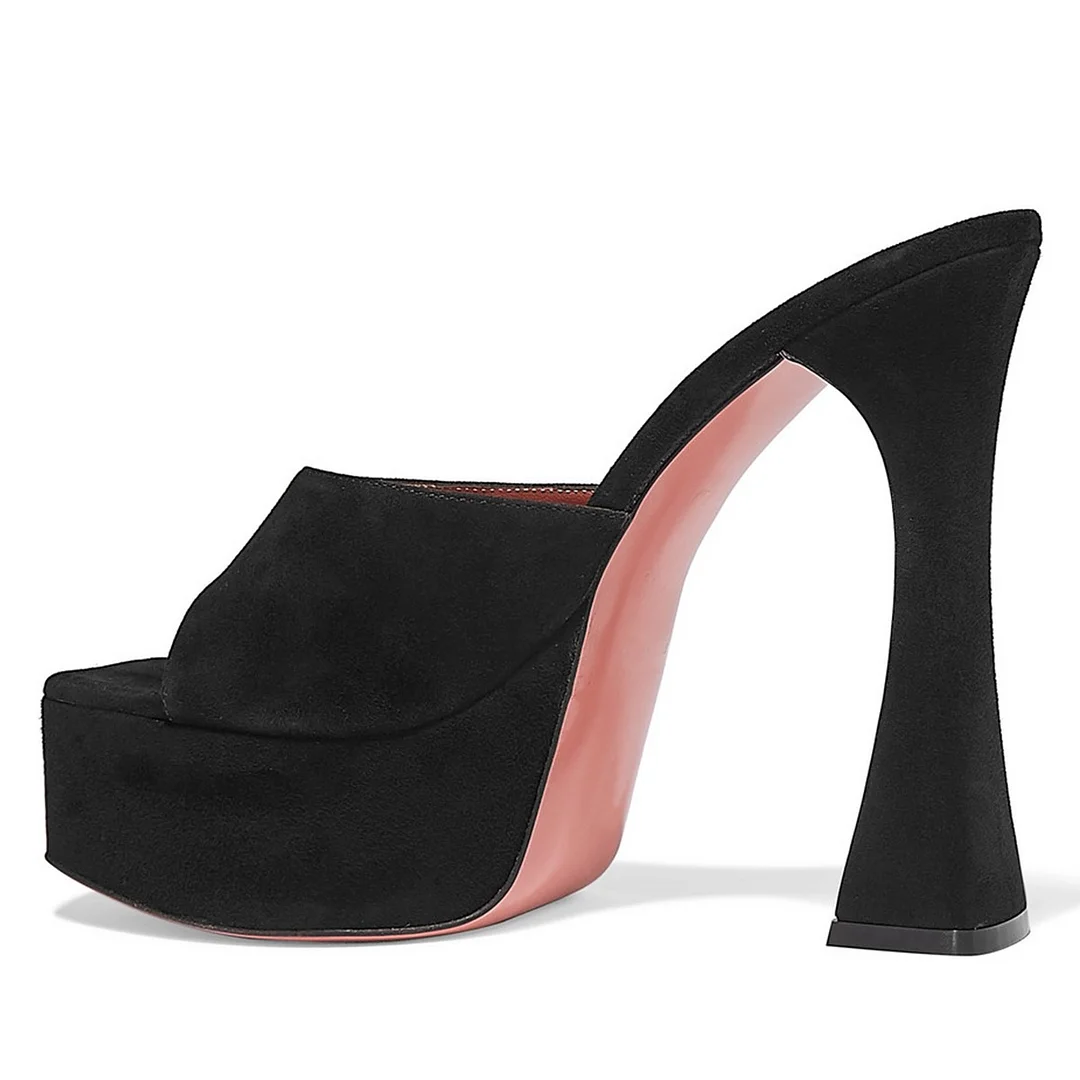 Wide Strap Square Toe Flared Heel Slip On Black Platform Sandals