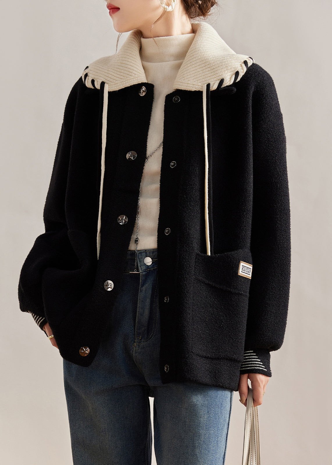 VCSHOES Loose Black Peter Pan Collar Button Pockets Woolen Coats Long Sleeve