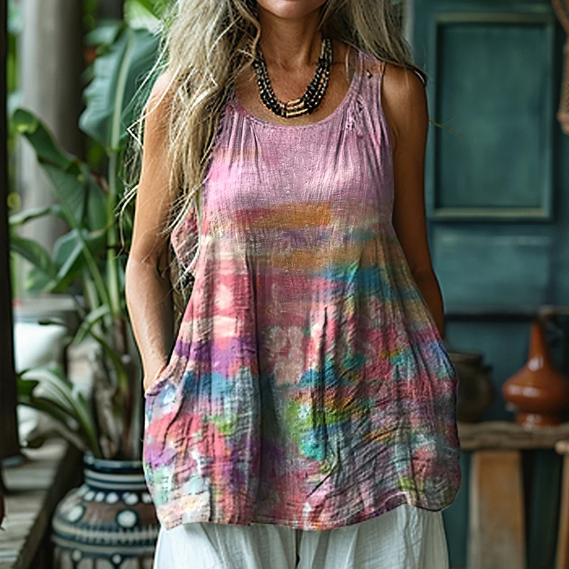 Women's Retro Cancer Awareness Ribbon Gradient Art Linen Sleeveless Tank Top