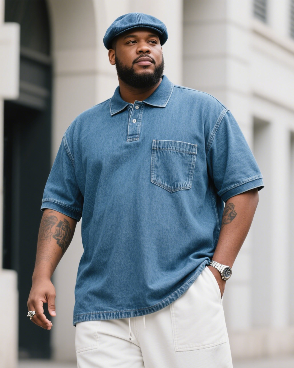 Plus Size Men's Solid Color All-match Denim Denim Short-sleeved Polo Shirt