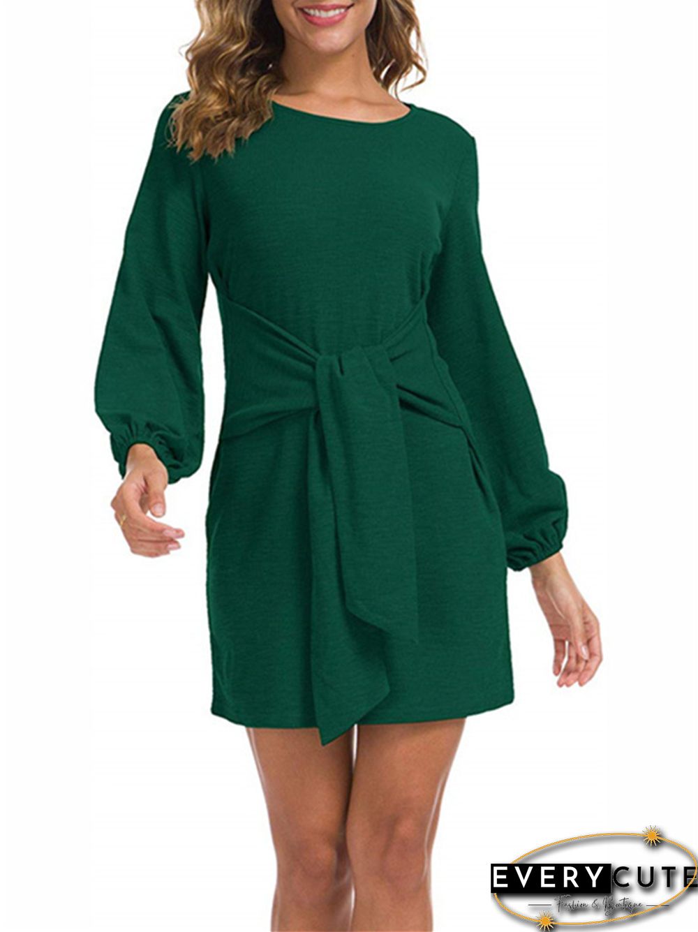 New Women's Waist Long Sleeve Strap Solid Color Dress