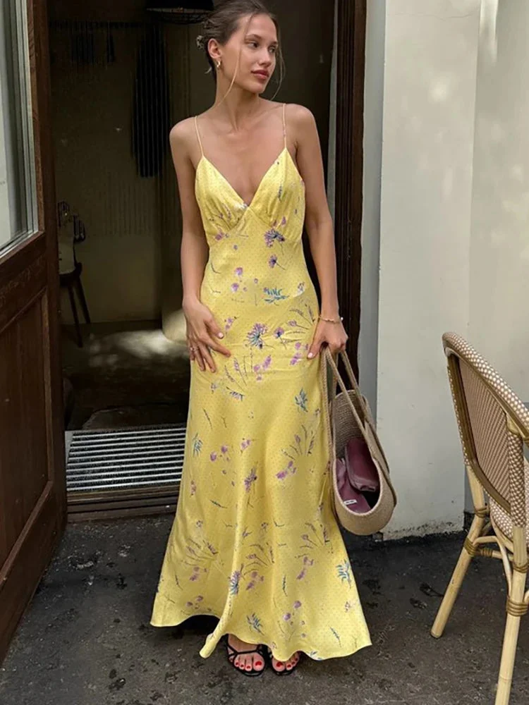 Toloer Yellow Printed Cami Maxi Dress-Outfit Ideas