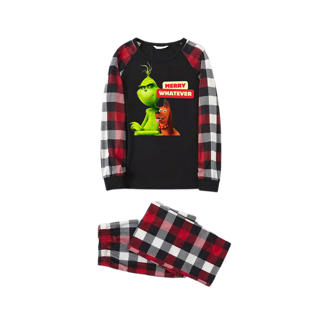 Cartoon Pattern and "Merry Whatever" Text Printed Contrast Black Top Red&Black&White Plaid Pants Family Matching Pajamas