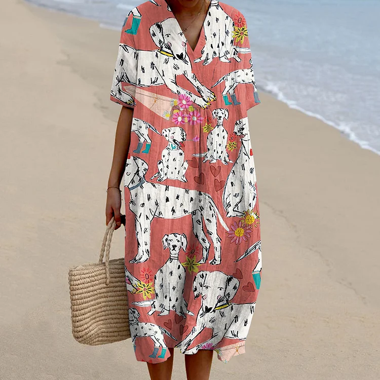 Utbros Dalmatian Art Print V-Neck Midi Dress