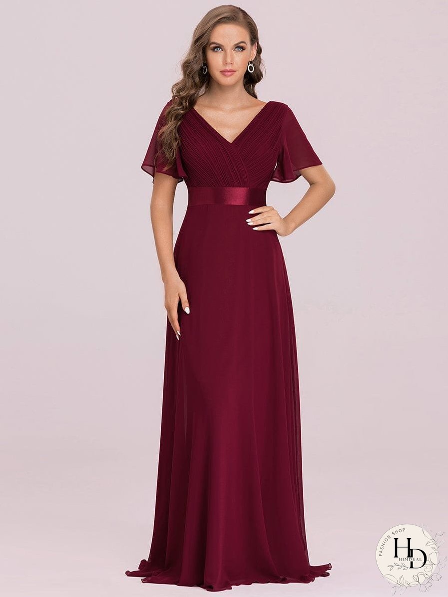 Elegant Double V-Neck Ruffled Padded Evening Gowns