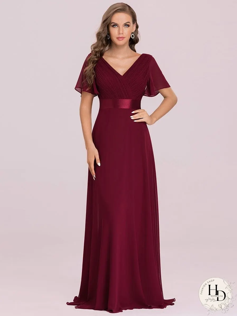 Elegant Double V-Neck Ruffled Padded Evening Gowns