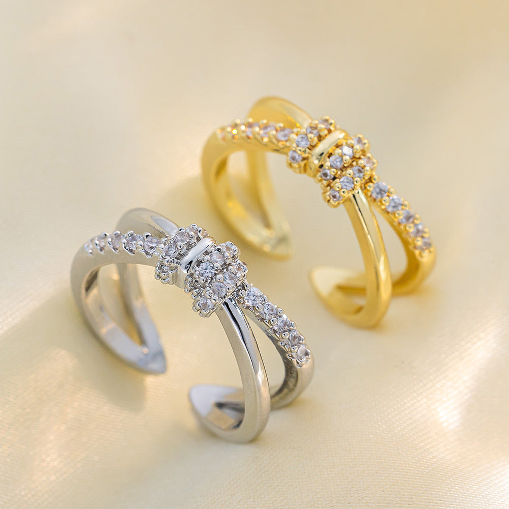 Simple Double-Layer Cross Ring Female Plain Ring Zircon Index Finger Ring Ins Fashion Style All-Match Open Ring