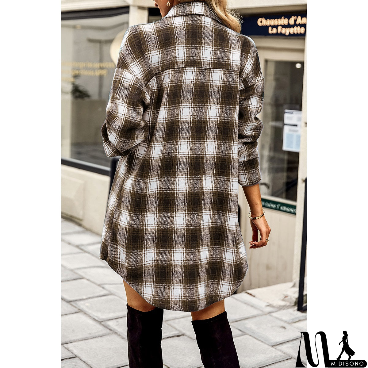 MidiSono - Plaid Front Open Button Blouse Pocket Coat
