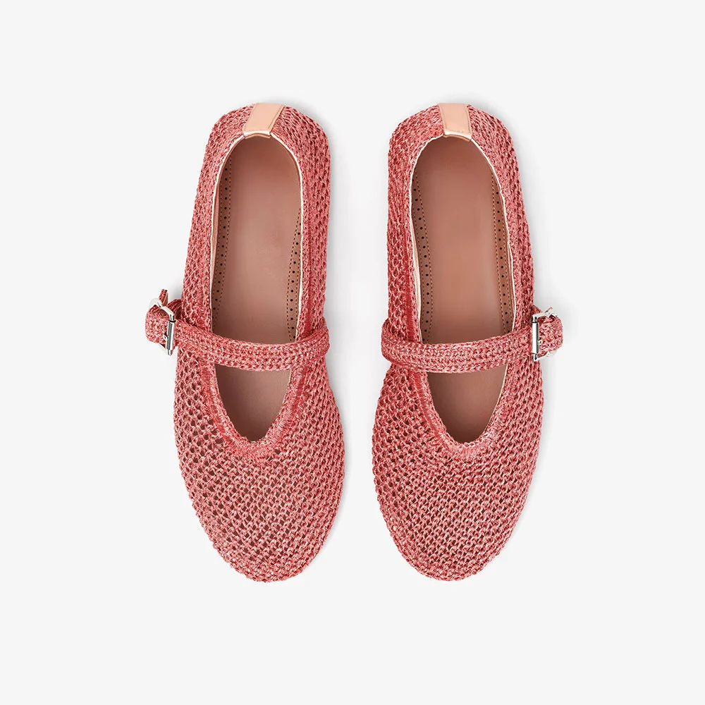 Simple Mesh Round Toe Buckle Strap Mary Jane Flats in Pink