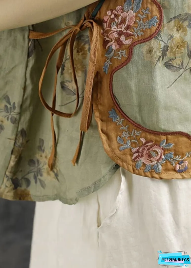 Vintage Green Embroideried Print Lace Up Linen Shirts Summer