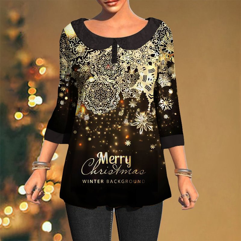 Merry Christmas Golden Snowflake Patterns Patchwork T-shirt