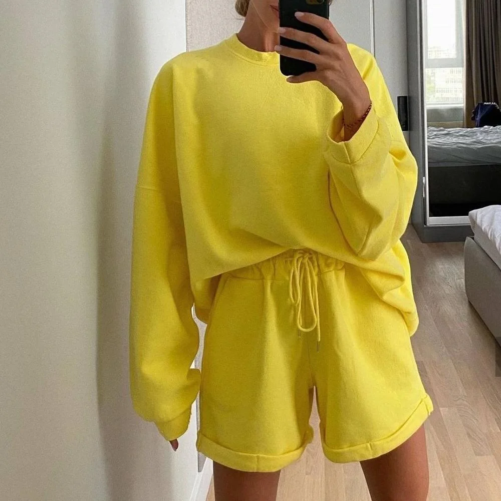 Casual Women Tracksuit Two Piece Set Oversize Sweatshirts and Shorts Sportswear Outfit Solid Set Summer Autumn Woman Clothing