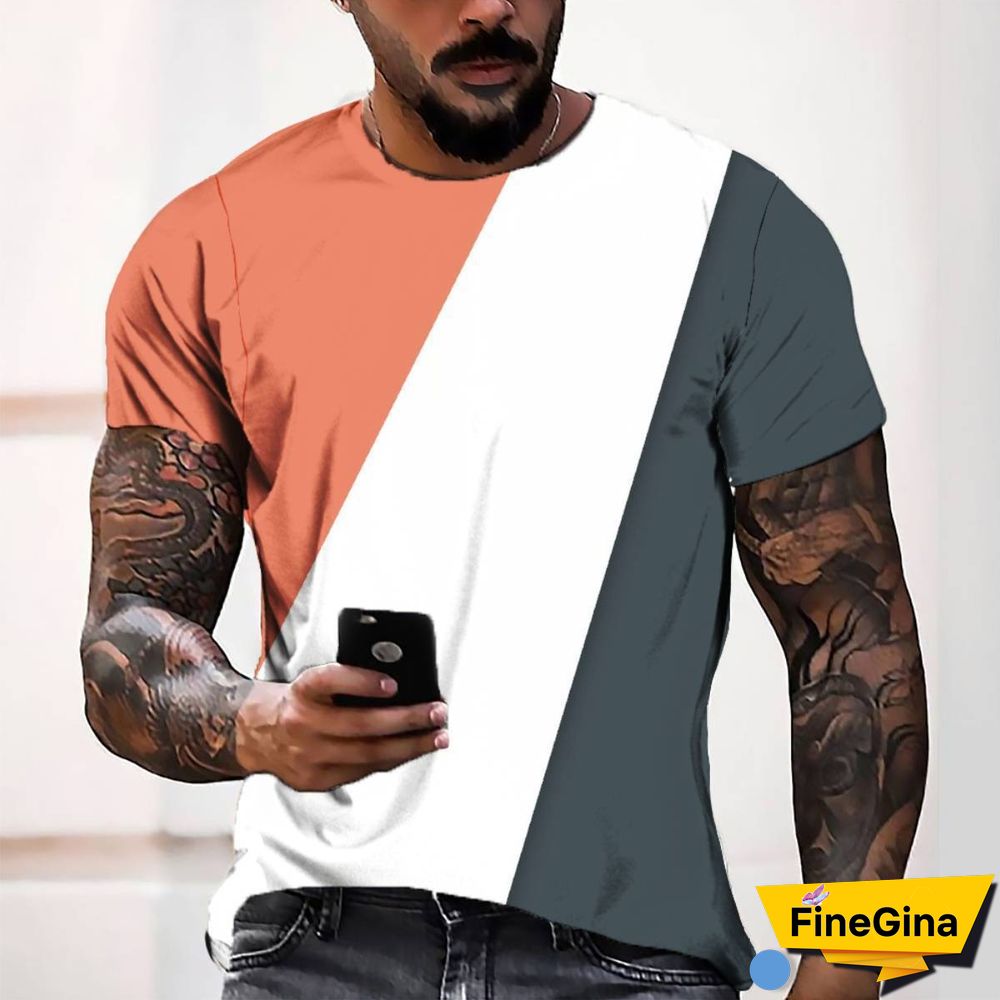 3D Digital Printing Three-color Block Simple Style Men's Casual Loose Short-sleeve T-shirt