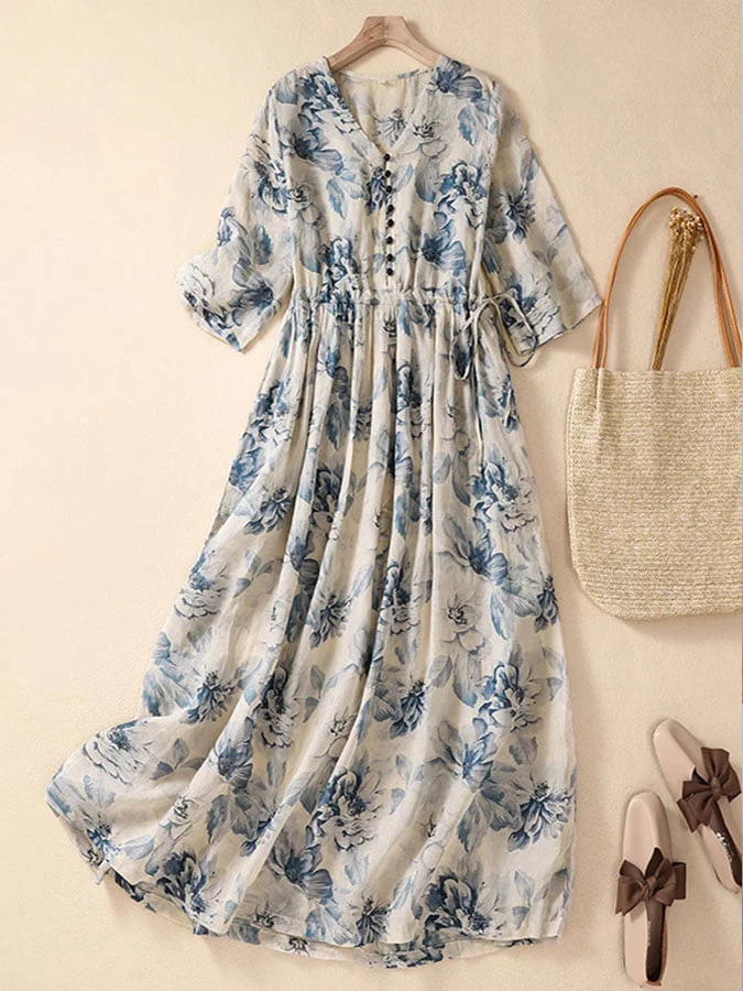 Women's Casual V Neck Floral Print Button Dress