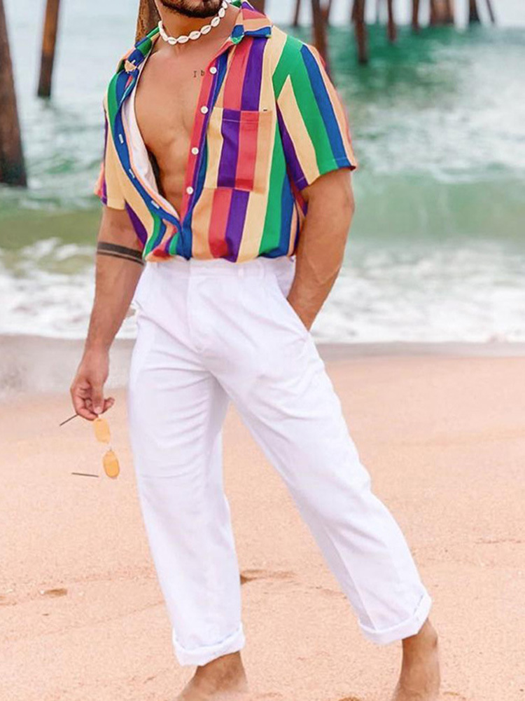 Casual Loose Rainbow Stripe Beach Printed Men's Short Sleeve Shirt Shirt