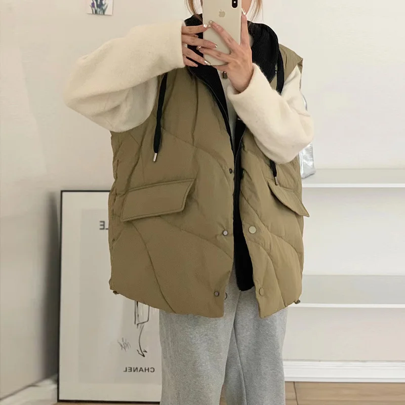 Toloer Fake Two Down Vest Women 2024 Winter New Fashion Thick Warm Hoodie Money Sleeveless Vest Coat Tide-Outfit Ideas