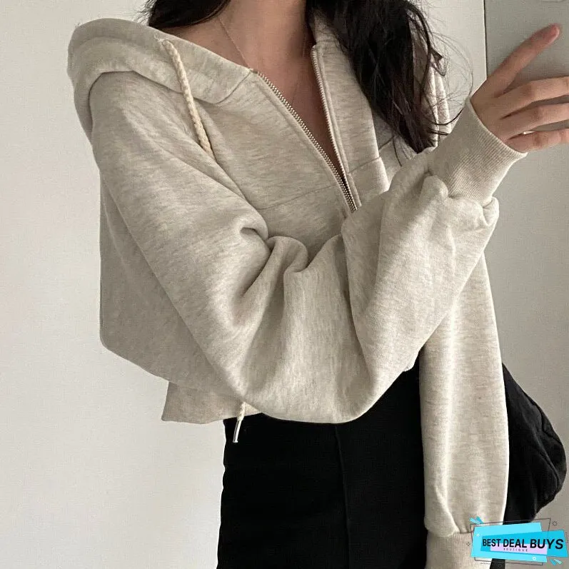 Autumn New Long Sleeve Hooded Hoodies Women Solid Color Kroean Style Vintage Sweatshirt
