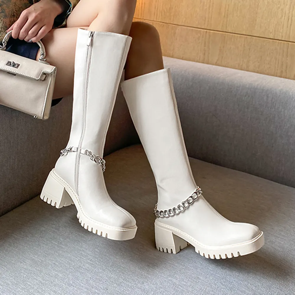 70mm Square Toe Block Heel Chain Rider Boots-vocosishoes