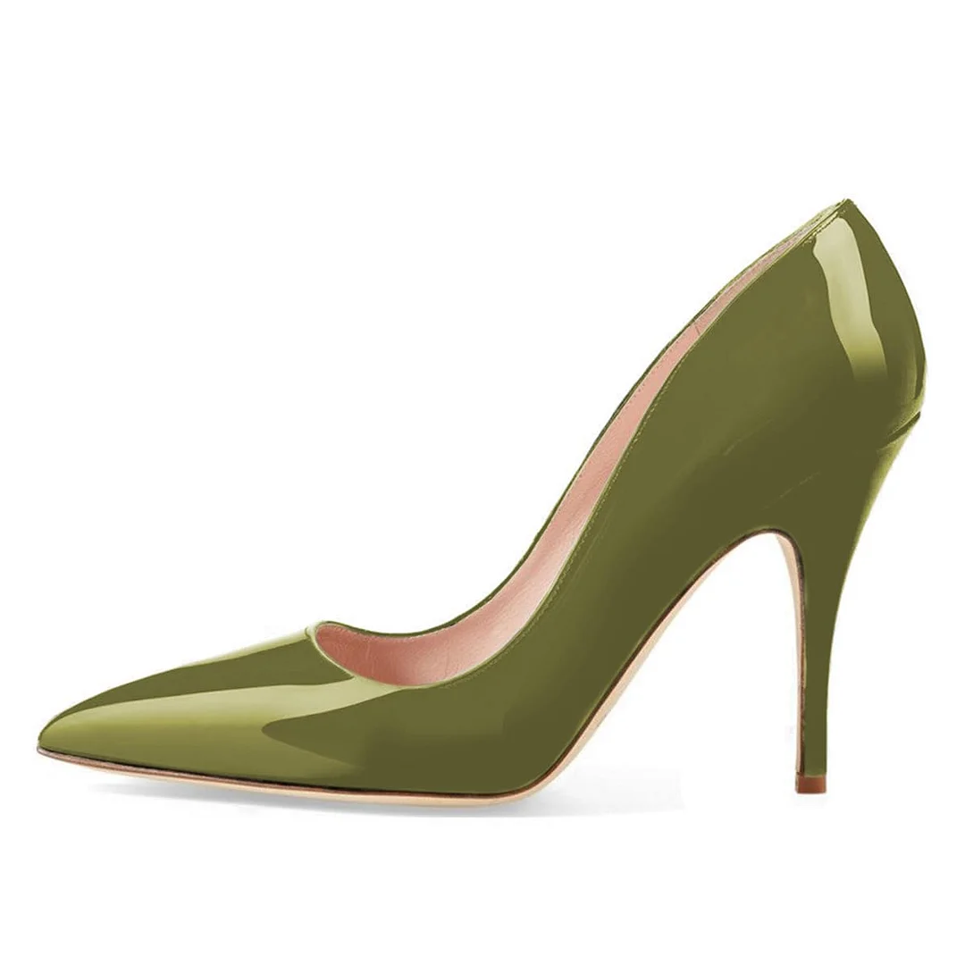 Women's Patent Leather Pointed Toe Classic Pumps Heels in Olive