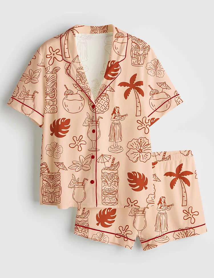 Women&rsquo;s Hand Drawn Tiki And Tropical Drinks Luau Party Print Short Sleeve Satin Pajama Set