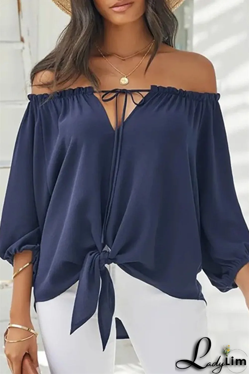 Tibetan Blue Fashion Casual Print Bandage Backless Off the Shoulder Tops