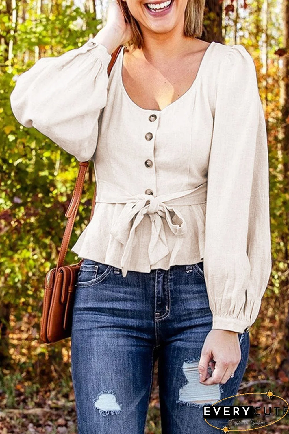 Puff Sleeve Peplum Top with Belt