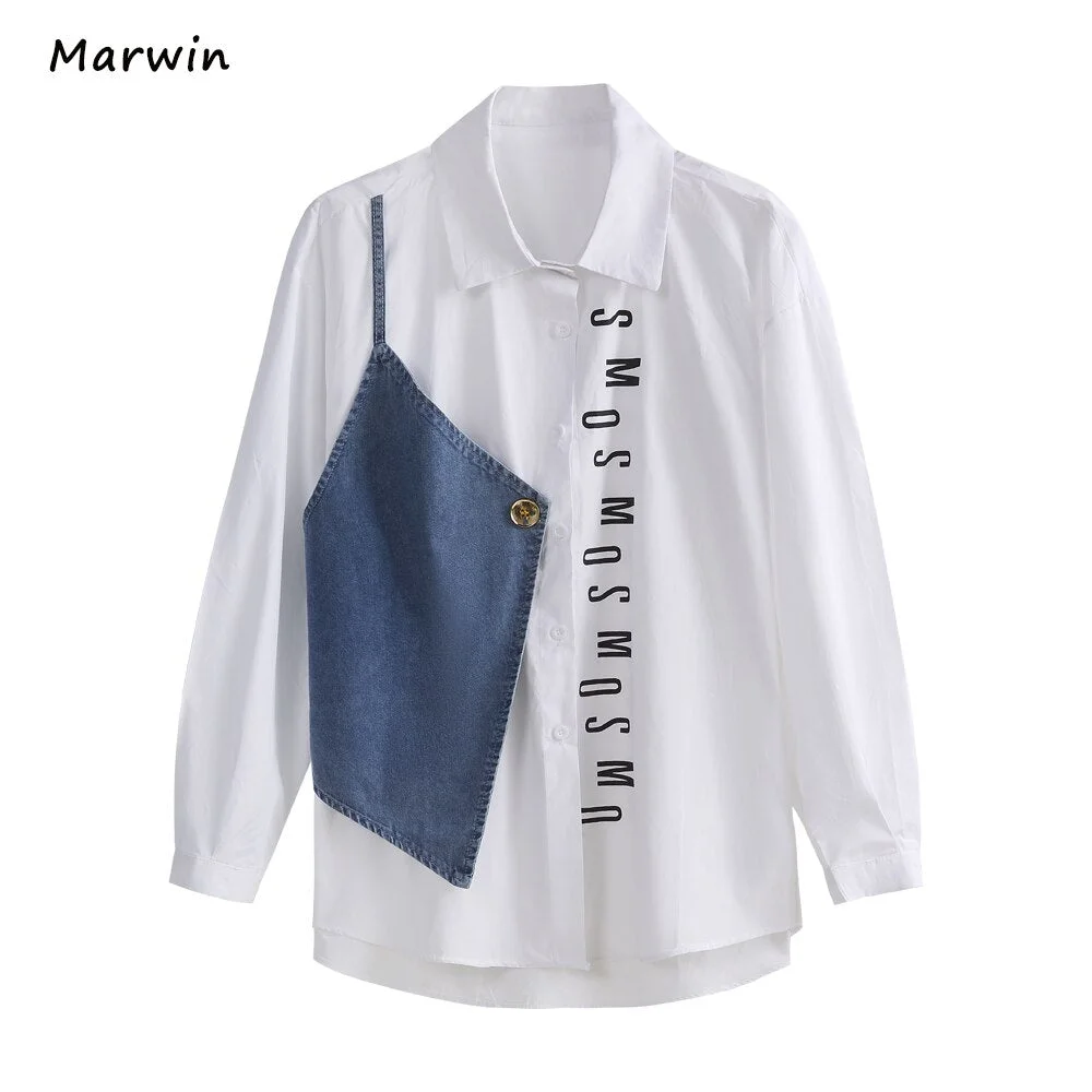 Marwin&Friend Spring Summer Letter Patchwork Thin Cotton High Street Casual Style Loose Women Blouses
