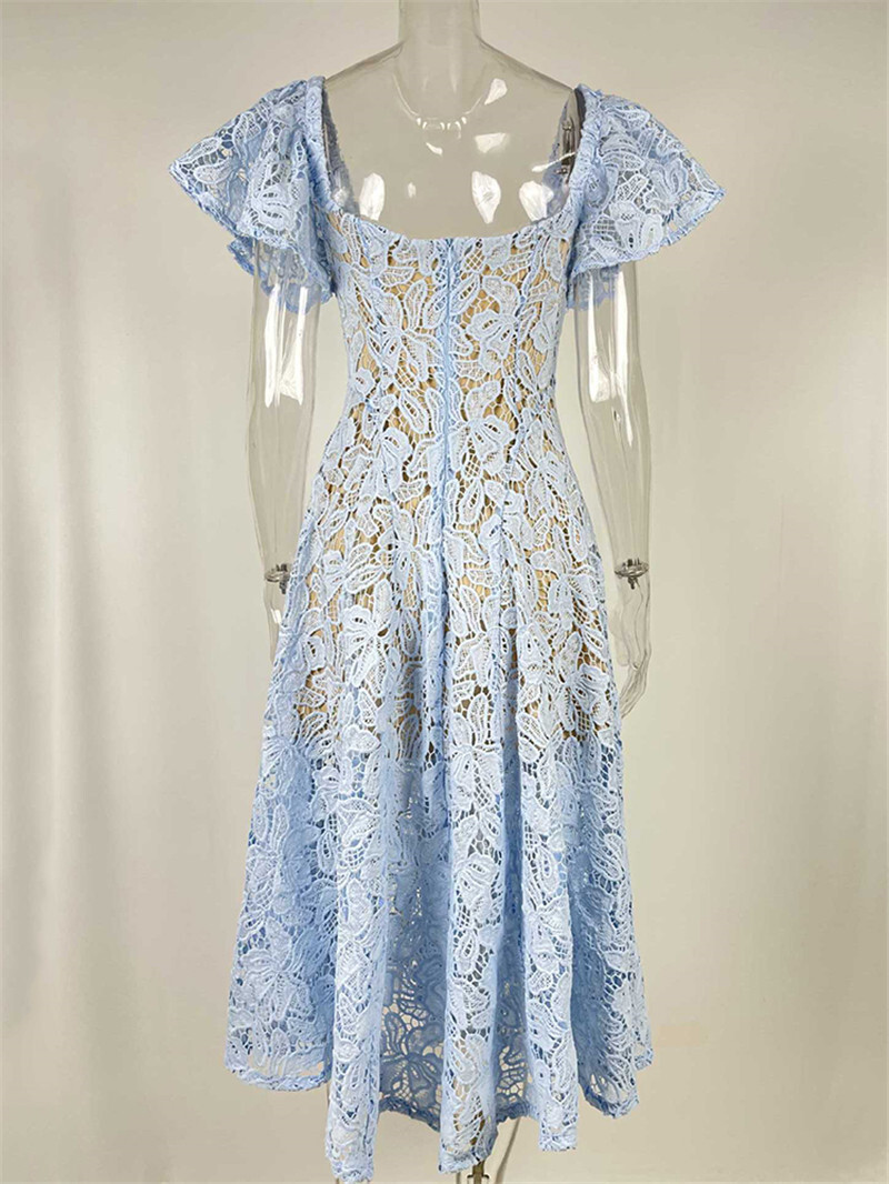 Ootddress Blue Floral Lace Sexy Midi Dress Women Elegant Square Collar Short Sleeve Backless High Waist Loose Club Party Dress