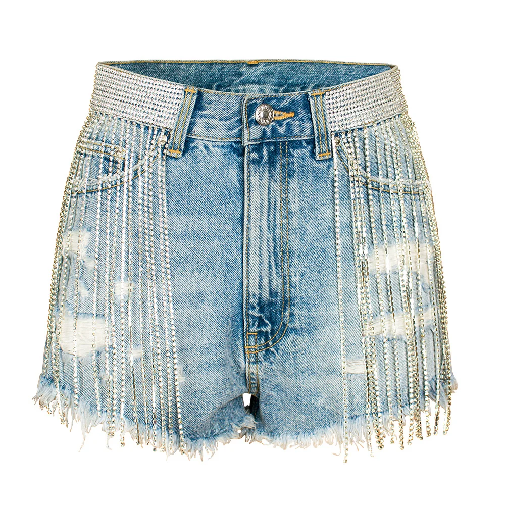 Women's Summer Nightclub Tassels High Waist Drill Chain Denim Shorts