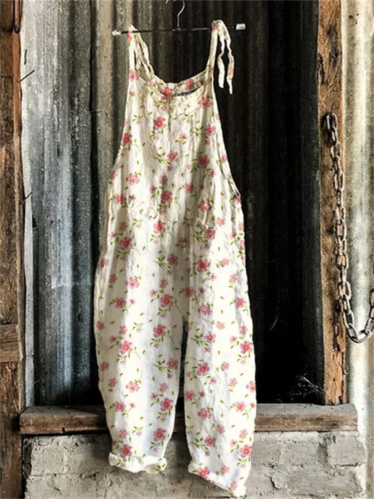 Vintage Cottage Pink Floral Loose Fit Jumpsuit