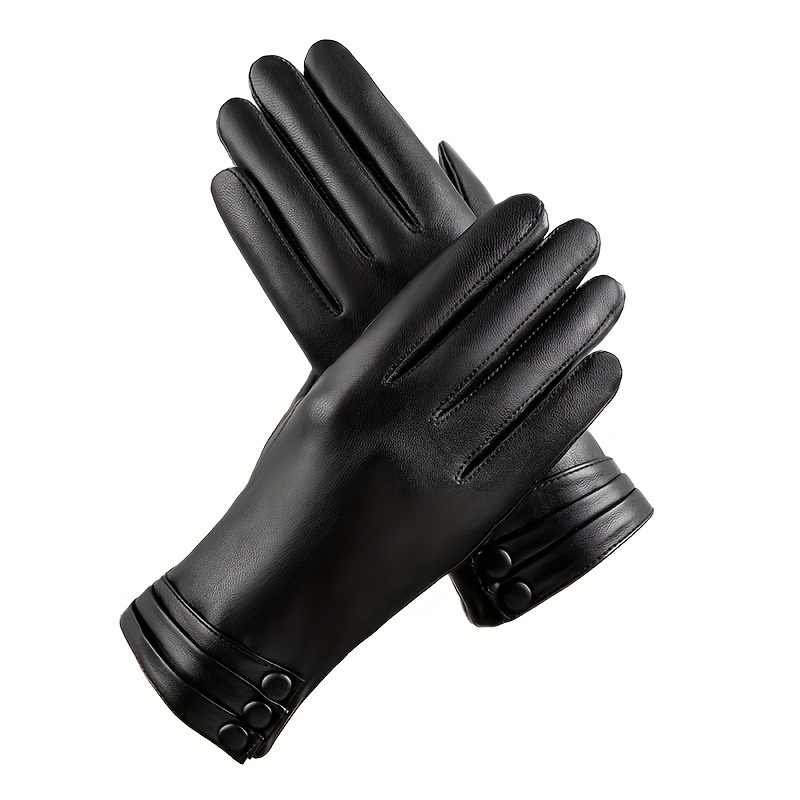 Black PU Leather Gloves Women's Elegant Buttons Decor Split Finger Gloves Autumn Winter Velvet Lined Warm Waterproof Touchscreen Gloves