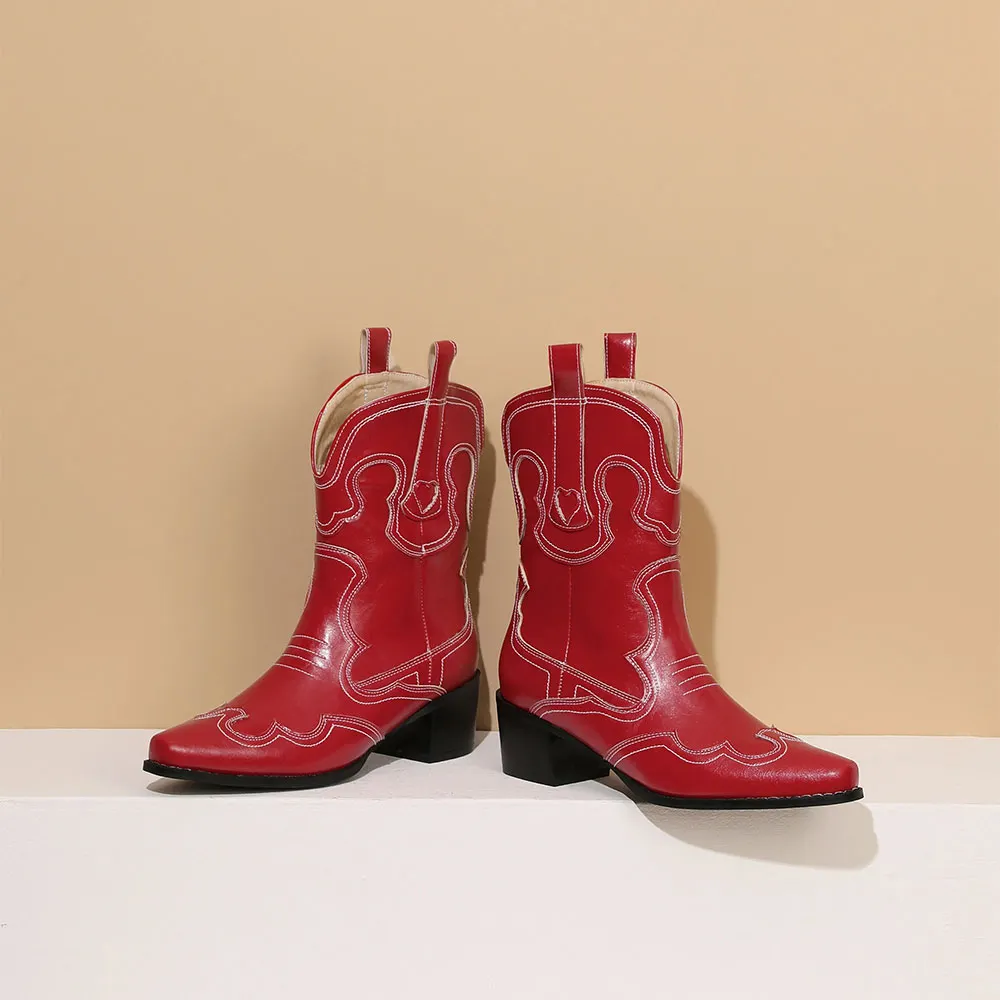 Block Heel Snip Toe Short Red Slip On Embroidered Cowgirl Boots