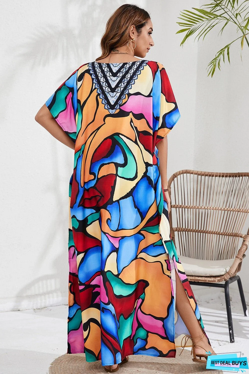 Slit Printed V-Neck Short Sleeve Cover Up