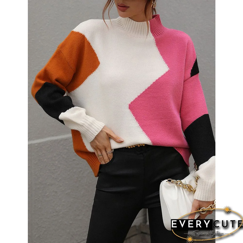 Rosy Color Block Crew Neck Knit Pullover Sweater