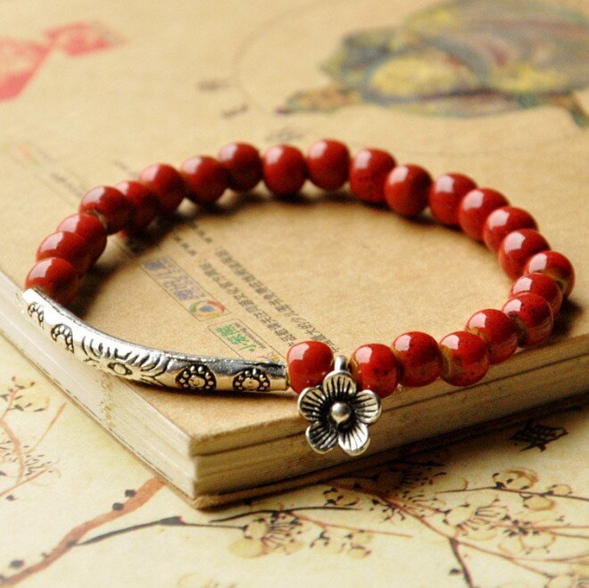 Ethnic style ceramic flower glaze bead bracelet