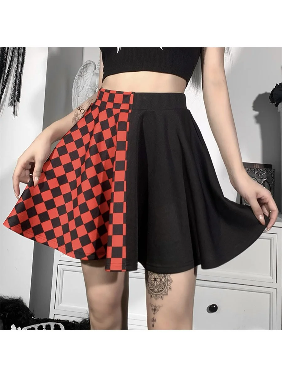 Black Skirt For Girls Plaid Stitching Gothic High Waist Dress