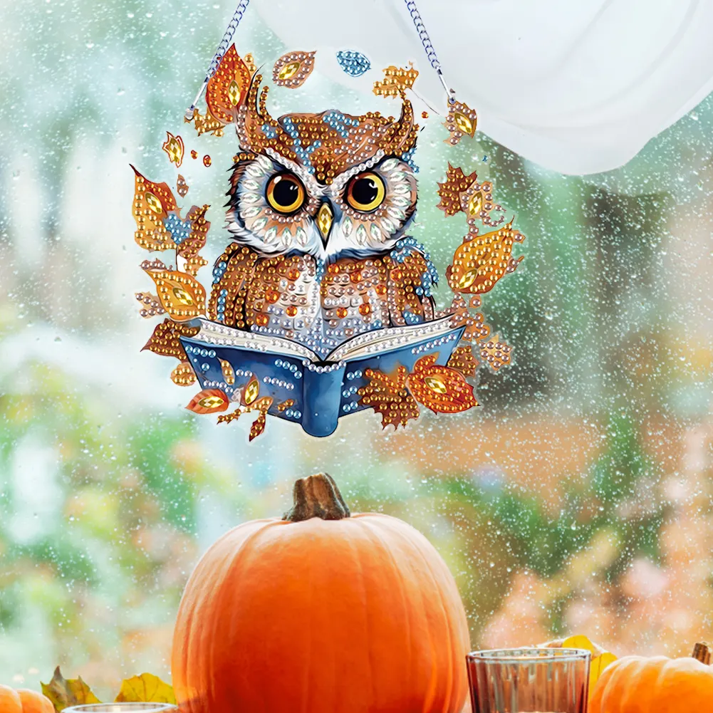 DIY Autumn Owl Special Shape Diamond Painting Hanging Pendant